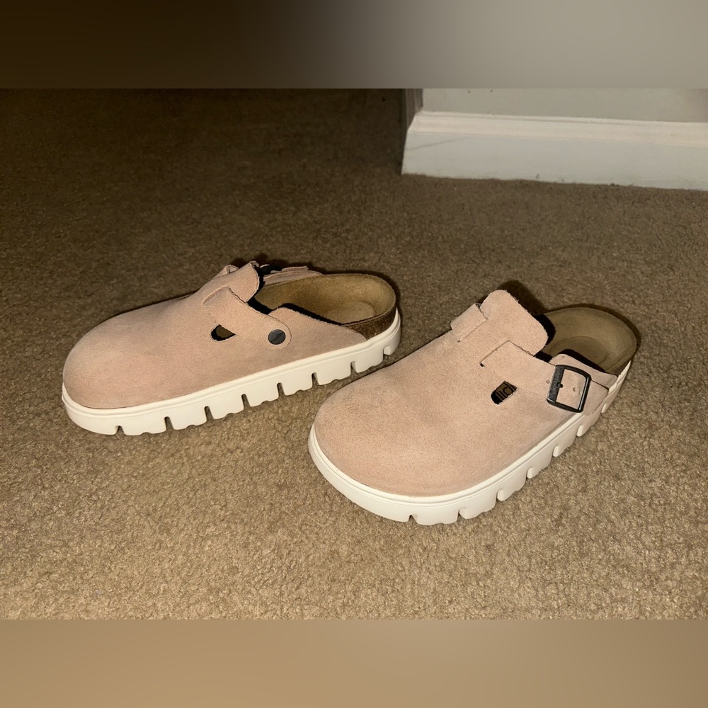 Birkenstock Suede Sandals in Tan and White - Picture 4 of 7